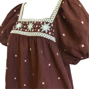 Madewell Embroidered Peasant Top Bubble Sleeve Cross Stitch Brown Cotton India S